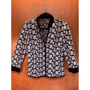 VTG Black + Ivory Floral Embroidered Sheer Mesh Cardigan w/ Velvet Trim sz 8